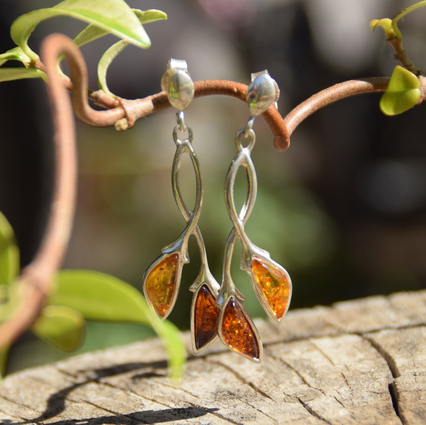 Dangle earrings in floral style with natural brown Amber and 925 Sterling Silver, MJ Baltica, BK140