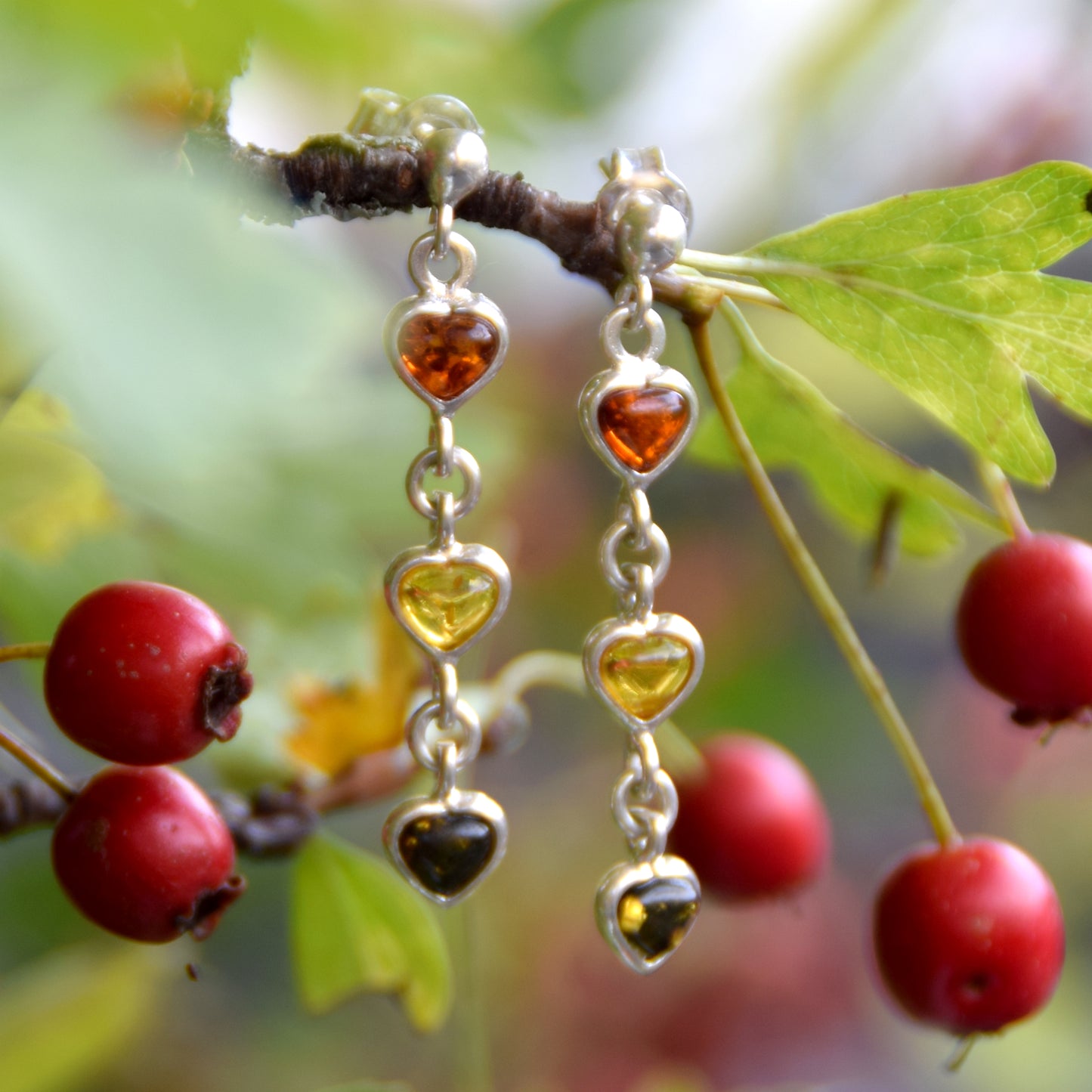 MJ Baltica, earrings, natural Baltic amber, 925 silver, delicate, elegant, heart, multicolored, BK141