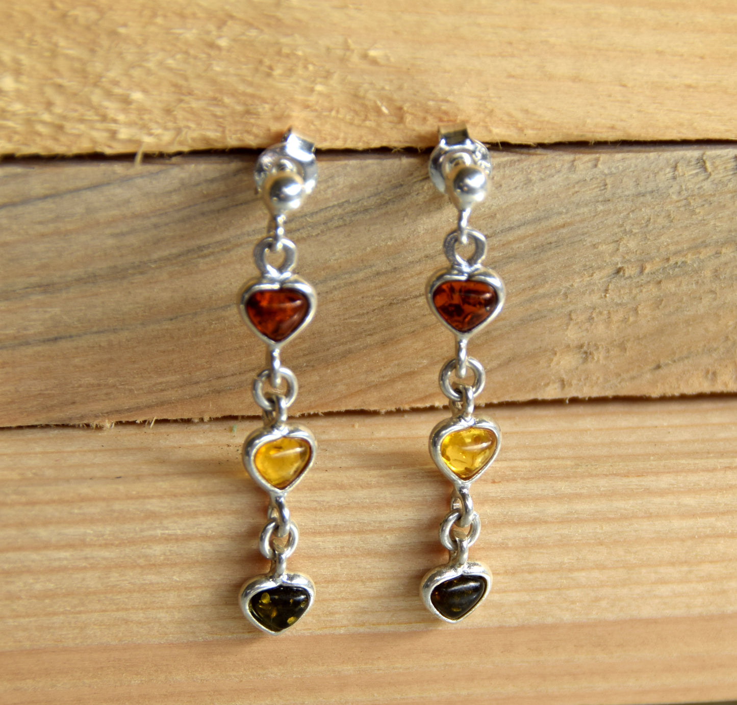 MJ Baltica, earrings, natural Baltic amber, 925 silver, delicate, elegant, heart, multicolored, BK141