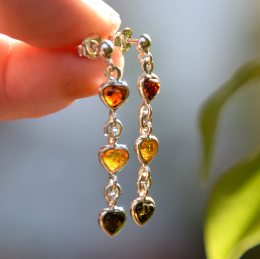 Romantic earrings with three hearts made of natural Baltic Amber of various shades and 925 Silver, MJ Baltica, BK141