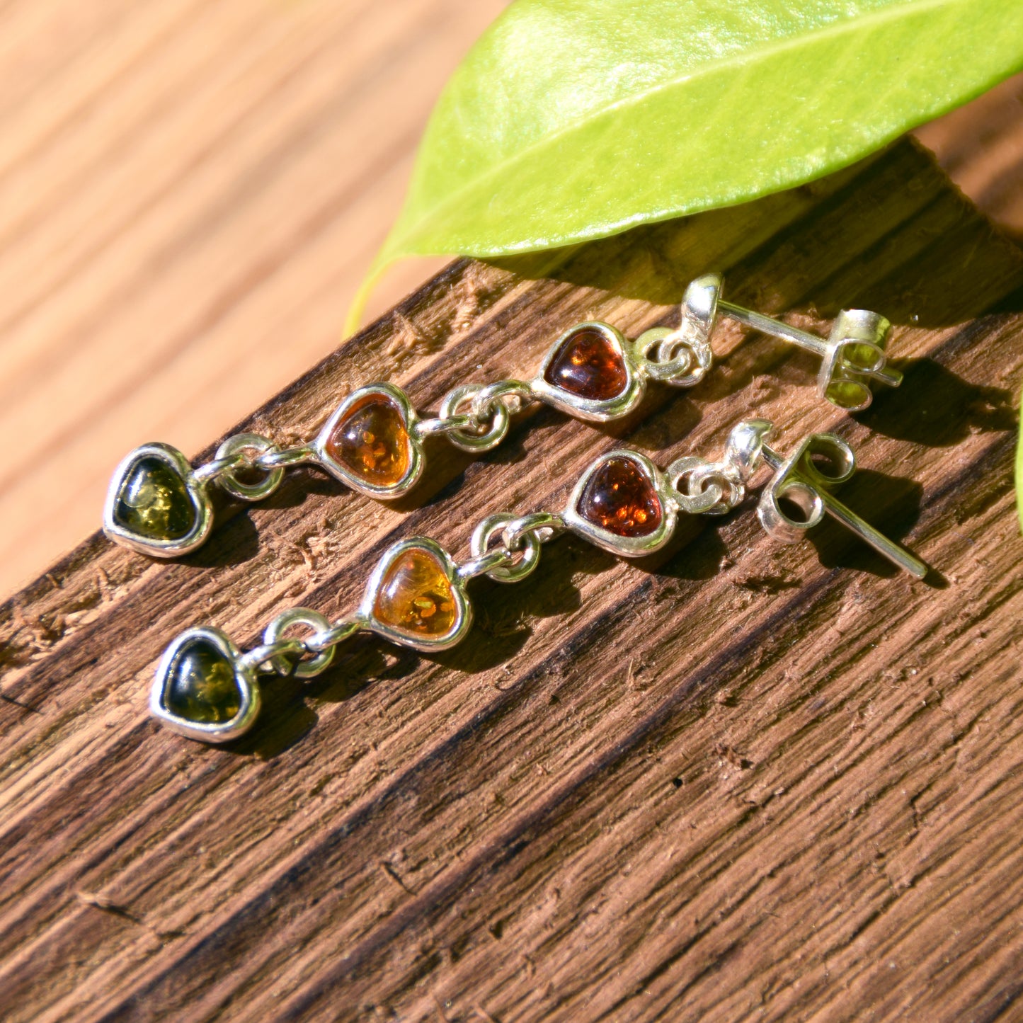 Romantic earrings with three hearts made of natural Baltic Amber of various shades and 925 Silver, MJ Baltica, BK141