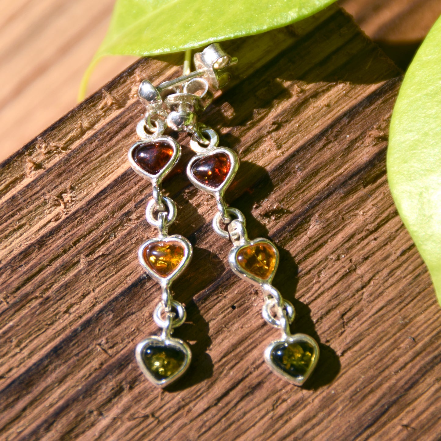 Romantic earrings with three hearts made of natural Baltic Amber of various shades and 925 Silver, MJ Baltica, BK141