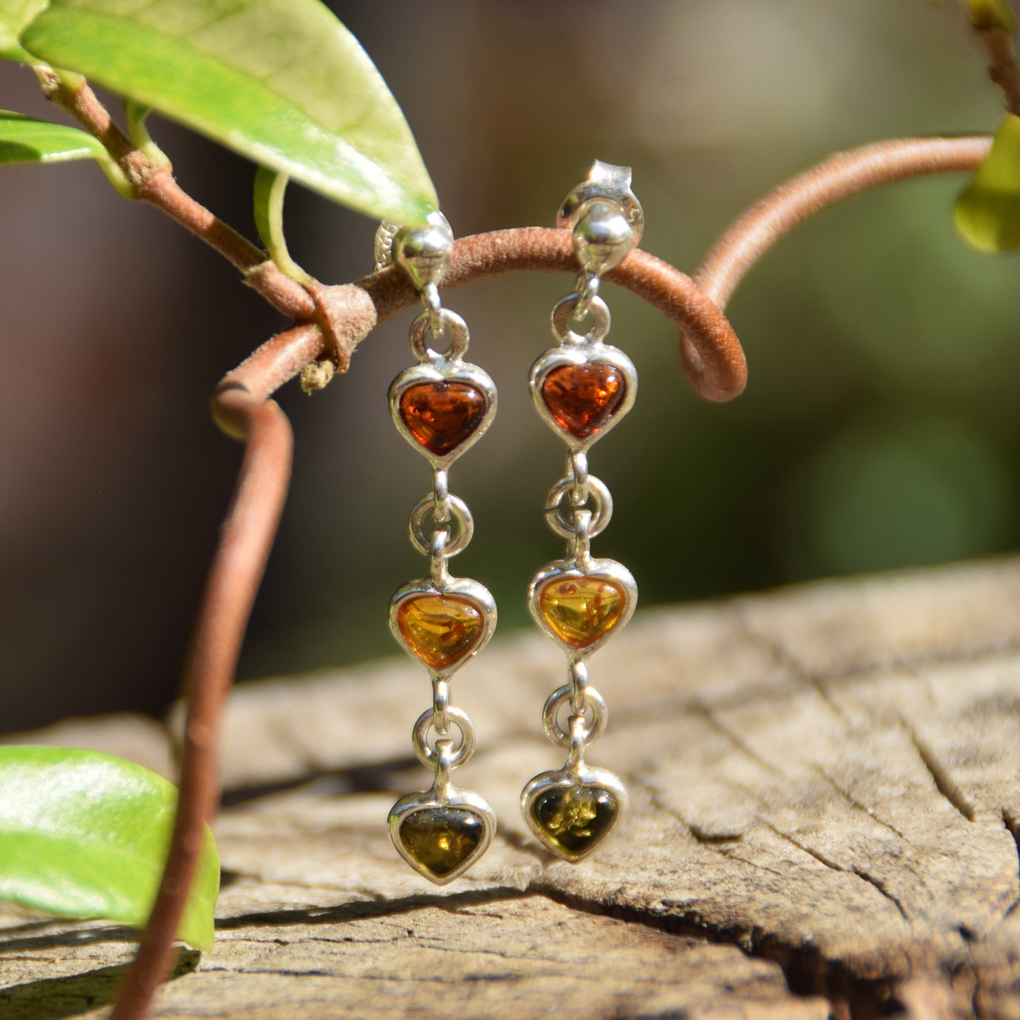 Romantic earrings with three hearts made of natural Baltic Amber of various shades and 925 Silver, MJ Baltica, BK141