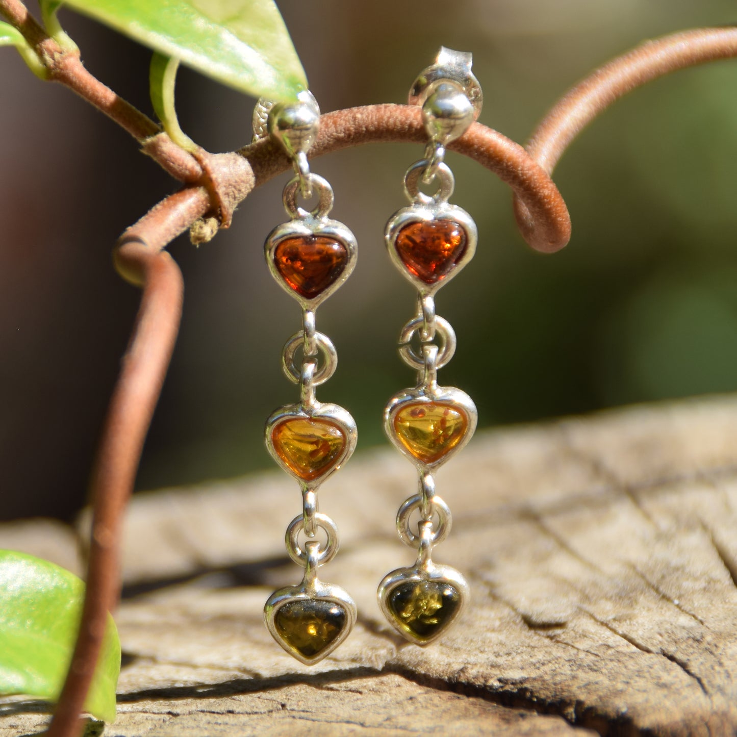 Romantic earrings with three hearts made of natural Baltic Amber of various shades and 925 Silver, MJ Baltica, BK141