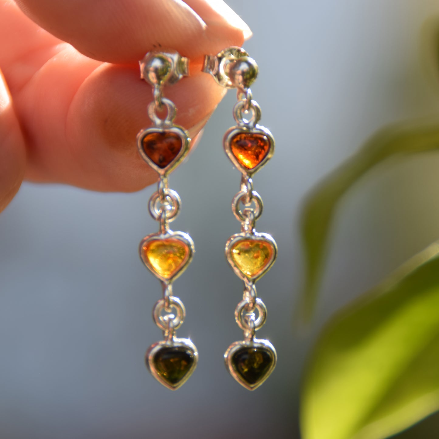 Romantic earrings with three hearts made of natural Baltic Amber of various shades and 925 Silver, MJ Baltica, BK141