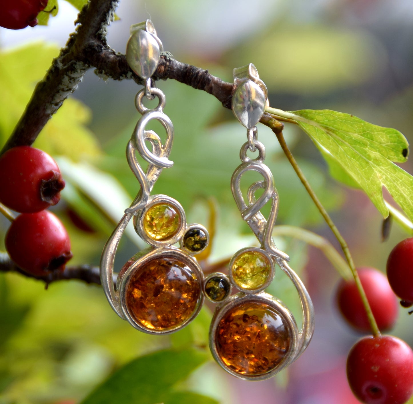 MJ Baltica, earrings, natural Baltic amber, 925 silver, intense, elegant, multicolored, BK142