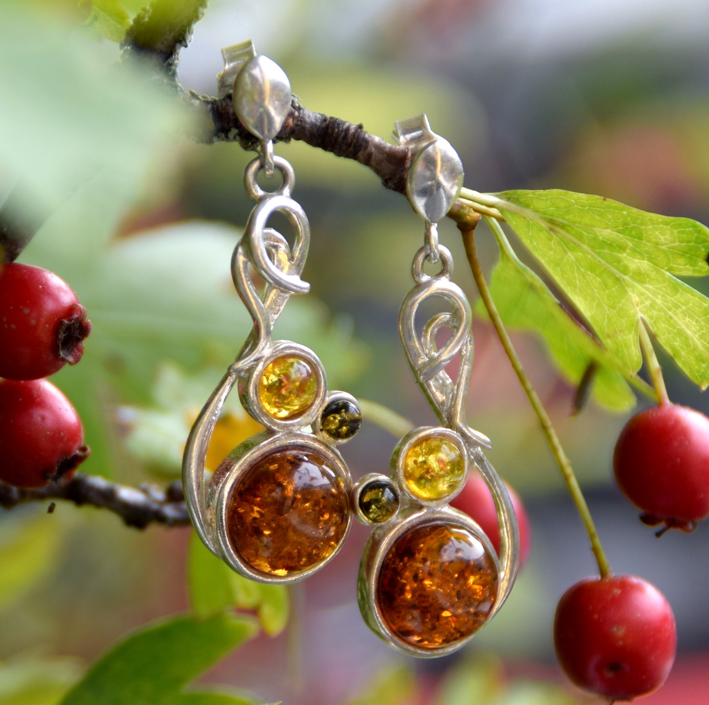 MJ Baltica, earrings, natural Baltic amber, 925 silver, intense, elegant, multicolored, BK142