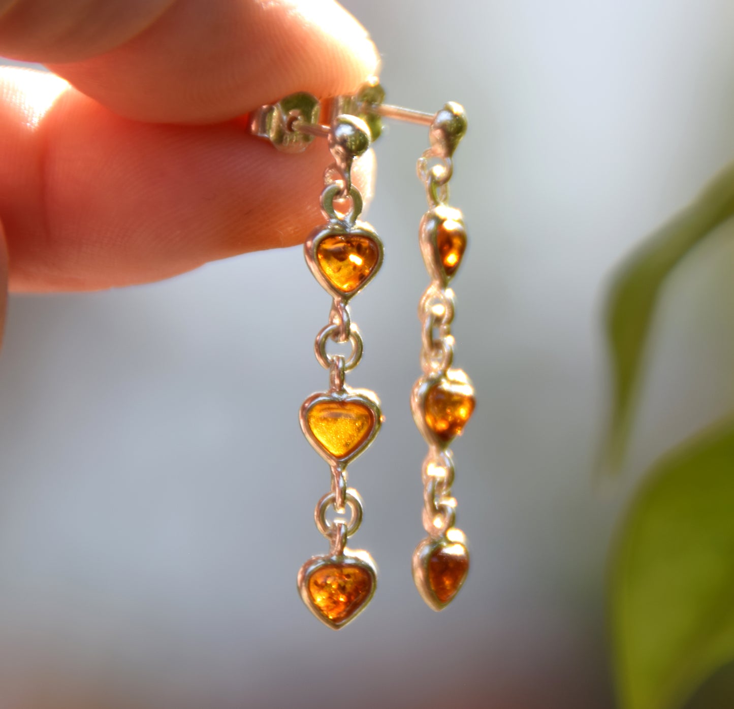 Romantic earrings with three hearts made of natural cognac amber and 925 silver, MJ Baltica, BK143