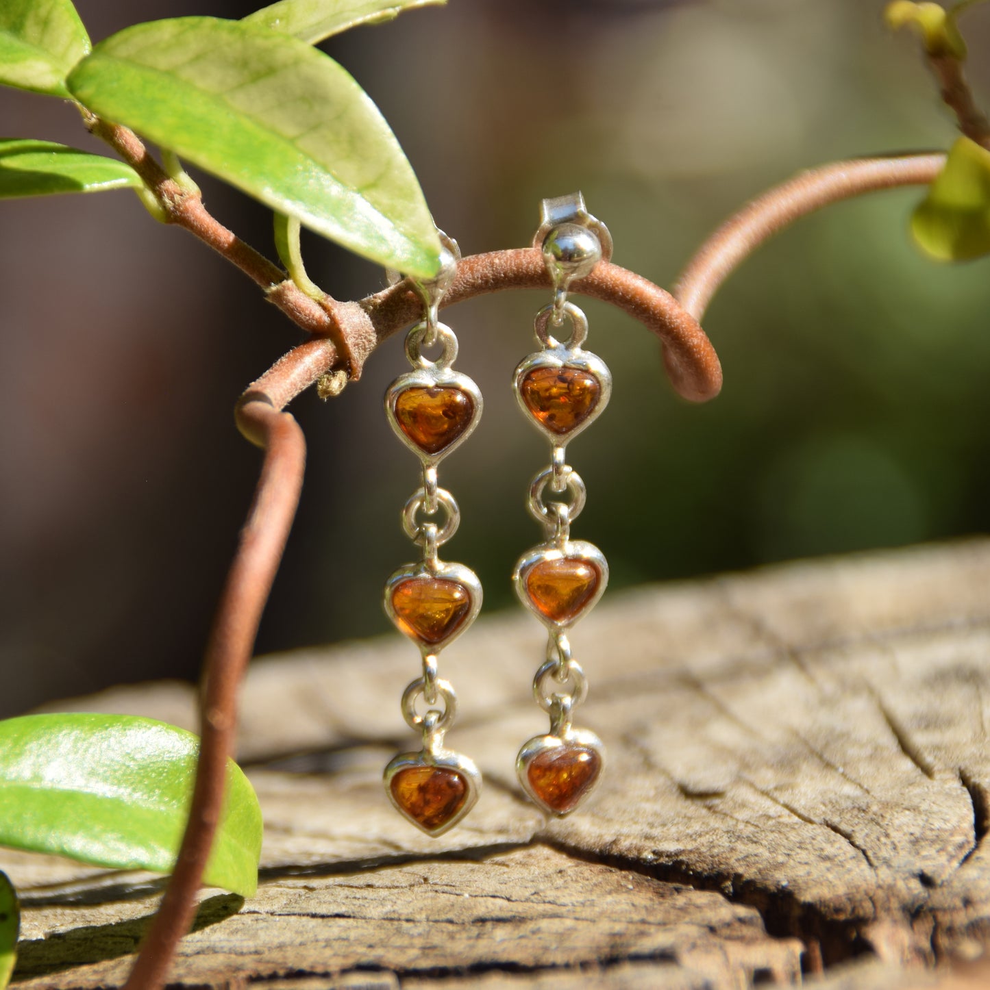 Romantic earrings with three hearts made of natural cognac amber and 925 silver, MJ Baltica, BK143