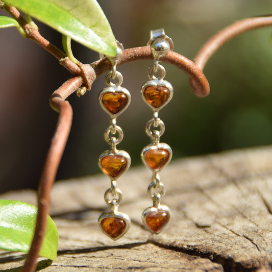 Romantic earrings with three hearts made of natural cognac amber and 925 silver, MJ Baltica, BK143