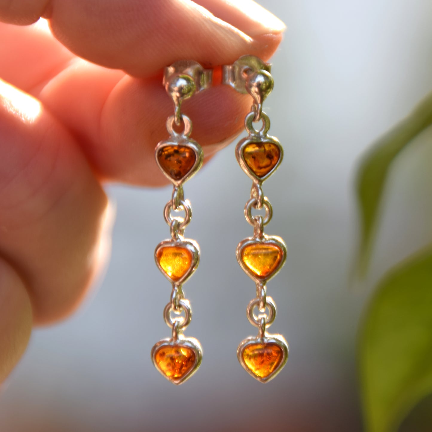 Romantic earrings with three hearts made of natural cognac amber and 925 silver, MJ Baltica, BK143