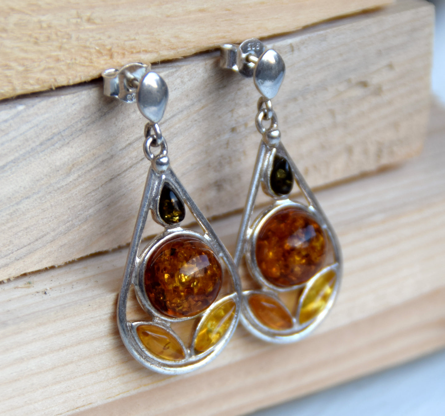 MJ Baltica, earrings, natural Baltic amber, 925 silver, delicate, elegant, mosaic, multicolored, drop, BK146