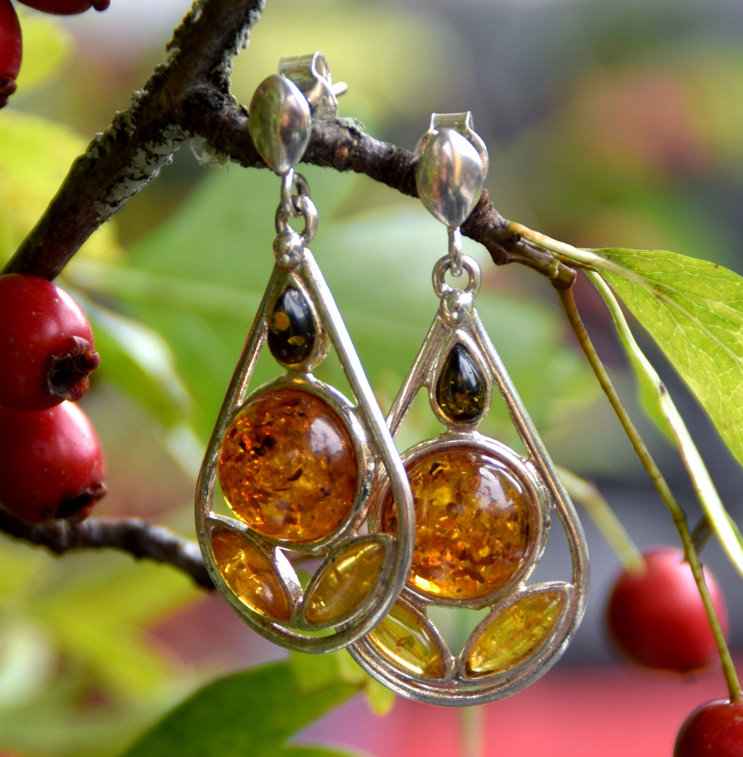 MJ Baltica, earrings, natural Baltic amber, 925 silver, delicate, elegant, mosaic, multicolored, drop, BK146