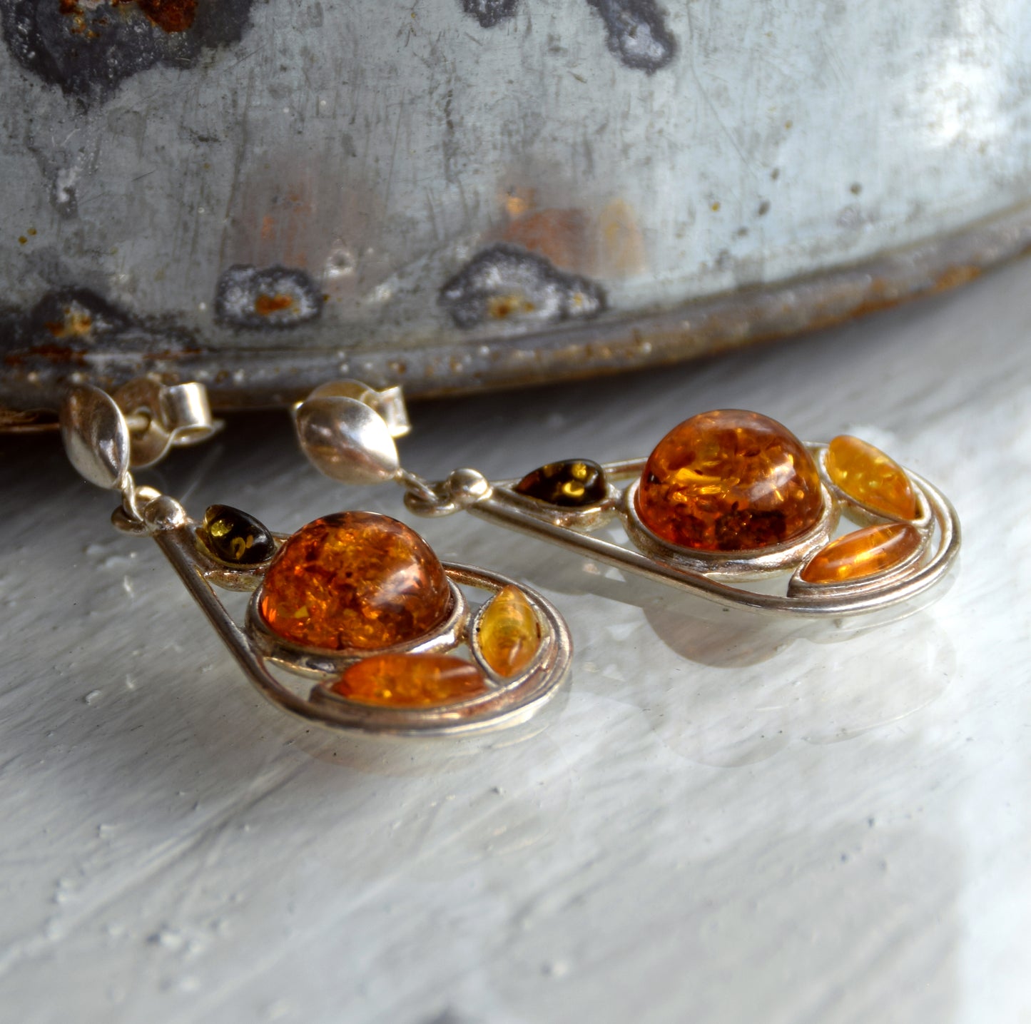 MJ Baltica, earrings, natural Baltic amber, 925 silver, delicate, elegant, mosaic, multicolored, drop, BK146