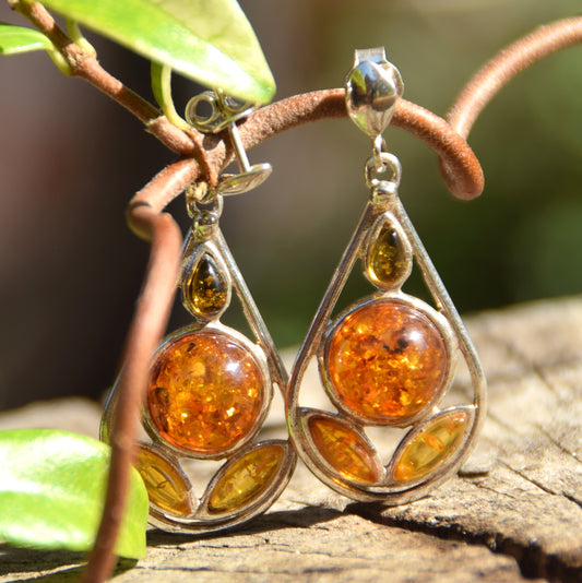 Drop earrings with natural Amber mosaic in various shades and 925 Sterling Silver, MJ Baltica, BK146