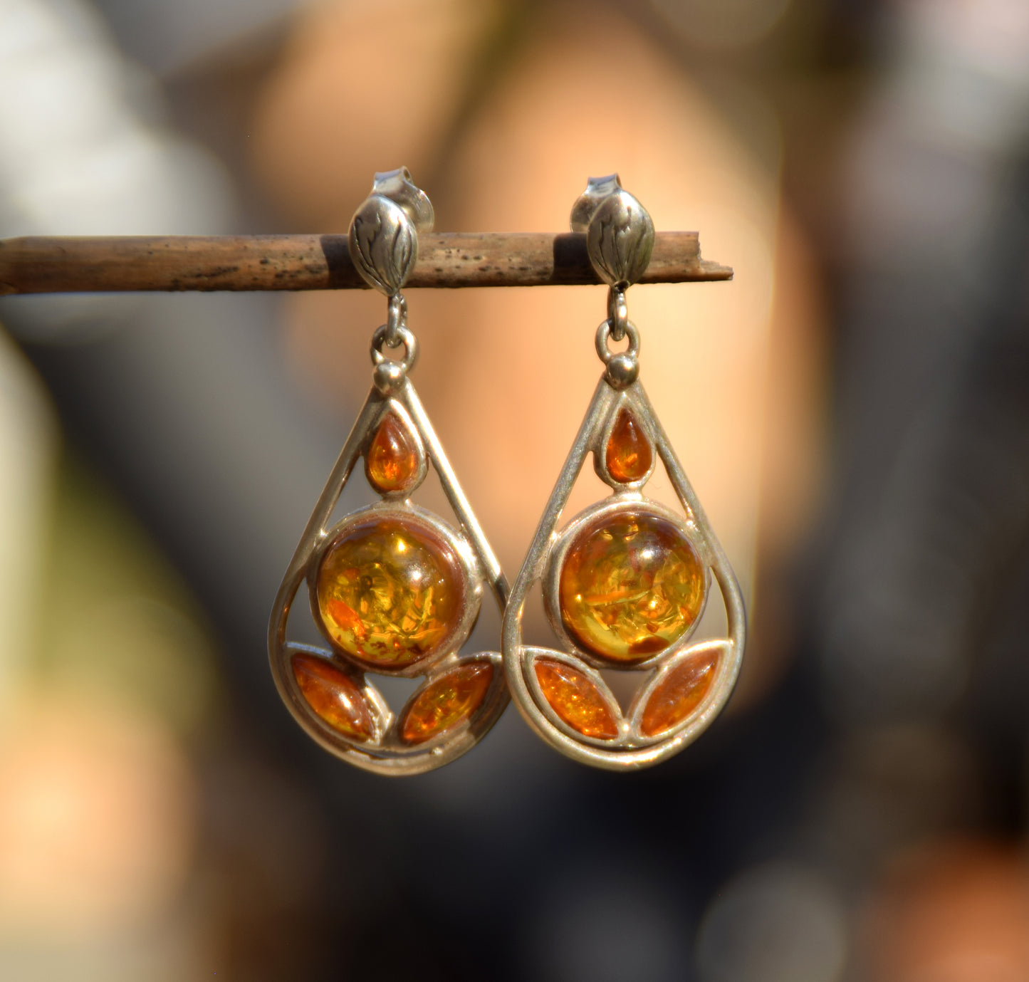 Dangle drop earrings with cognac natural Amber mosaic and 925 Sterling Silver, MJ Baltica, BK148