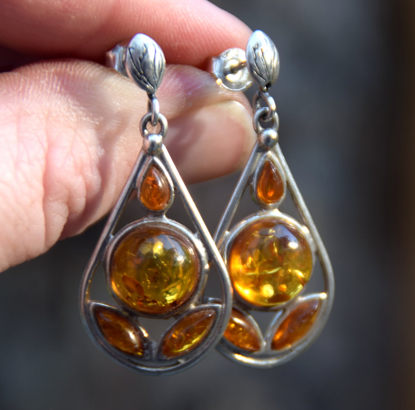 Dangle drop earrings with cognac natural Amber mosaic and 925 Sterling Silver, MJ Baltica, BK148