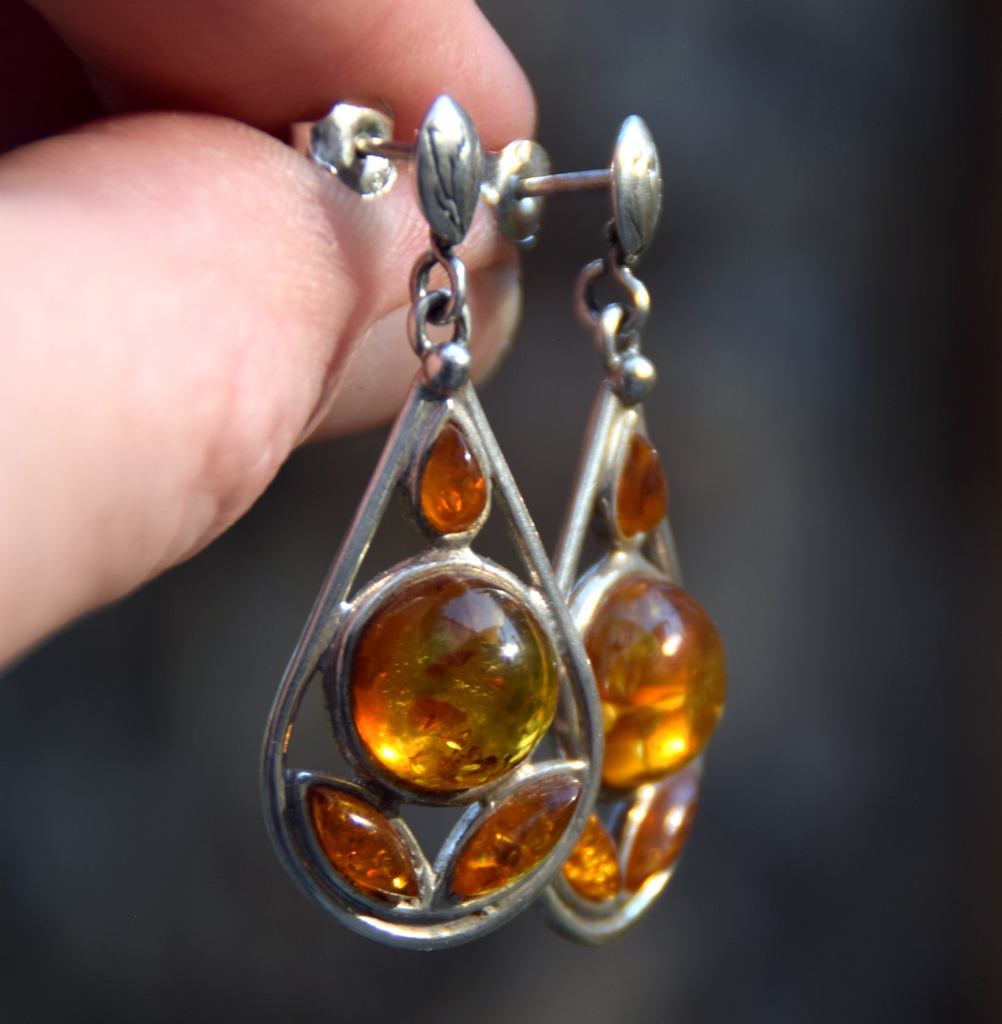 Dangle drop earrings with cognac natural Amber mosaic and 925 Sterling Silver, MJ Baltica, BK148