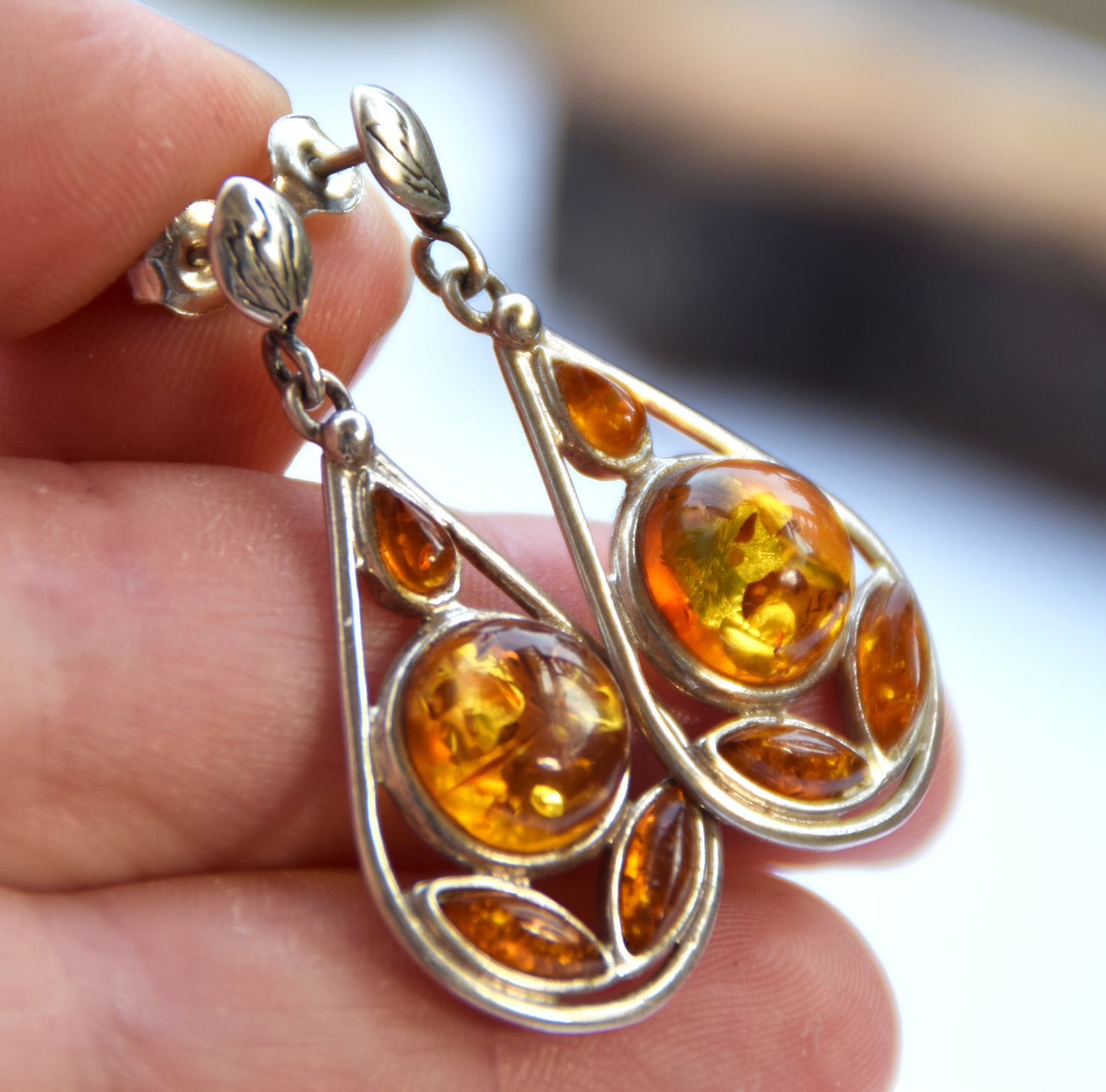 Dangle drop earrings with cognac natural Amber mosaic and 925 Sterling Silver, MJ Baltica, BK148