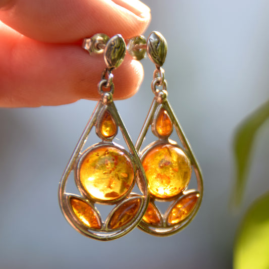 Dangle drop earrings with cognac natural Amber mosaic and 925 Sterling Silver, MJ Baltica, BK148
