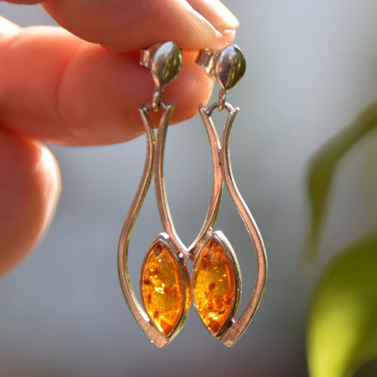 Elegant dangle earrings with natural cognac amber and 925 Silver, MJ Baltica, BK150