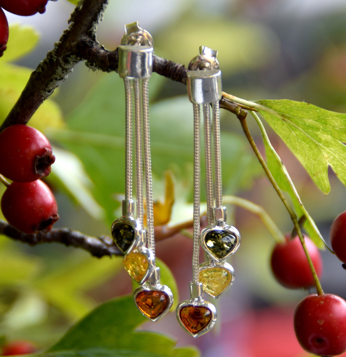 MJ Baltica, earrings, natural Baltic amber, 925 silver, feminine, heart, waterfall, multicolored, BK152