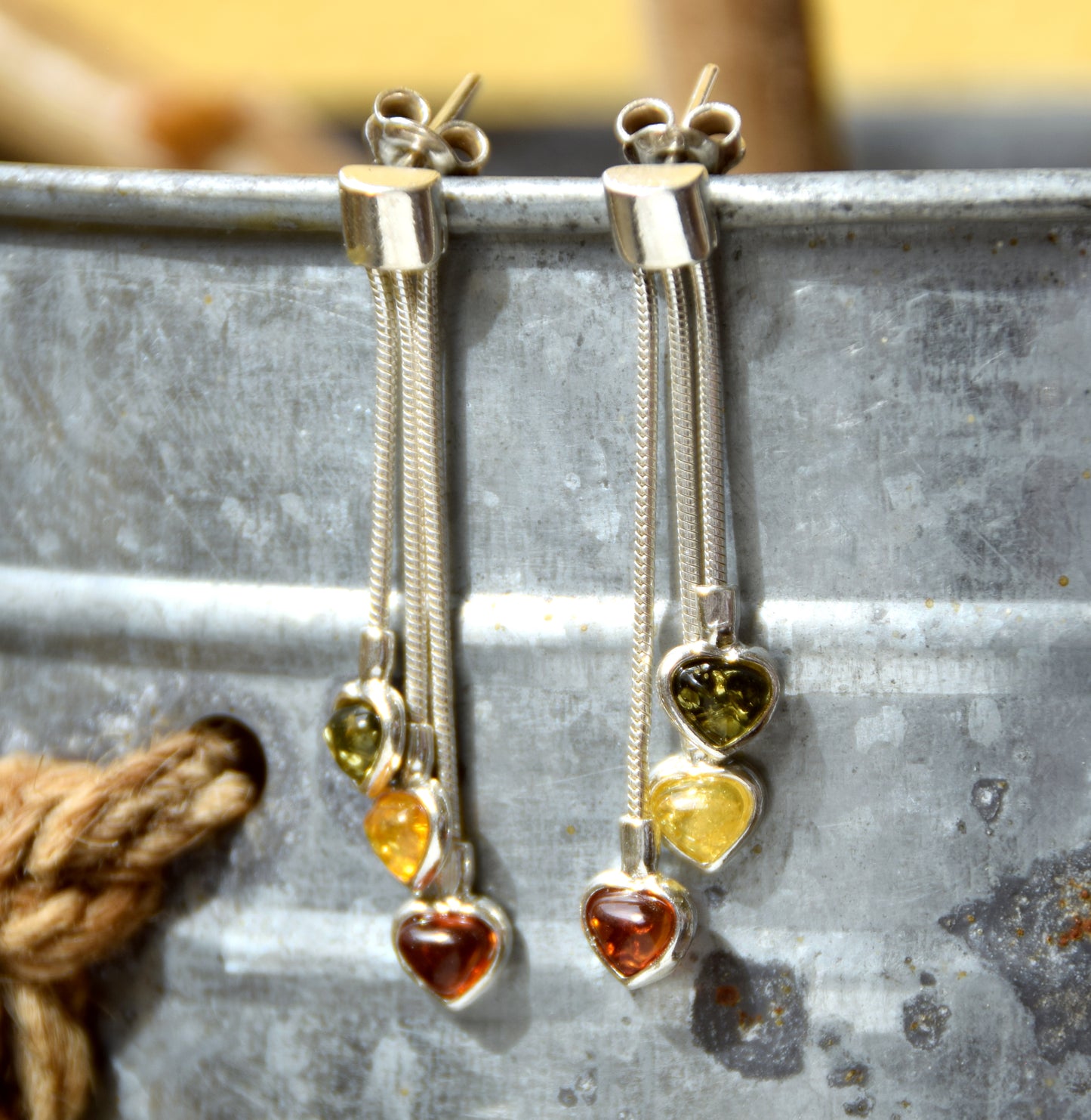 MJ Baltica, earrings, natural Baltic amber, 925 silver, feminine, heart, waterfall, multicolored, BK152