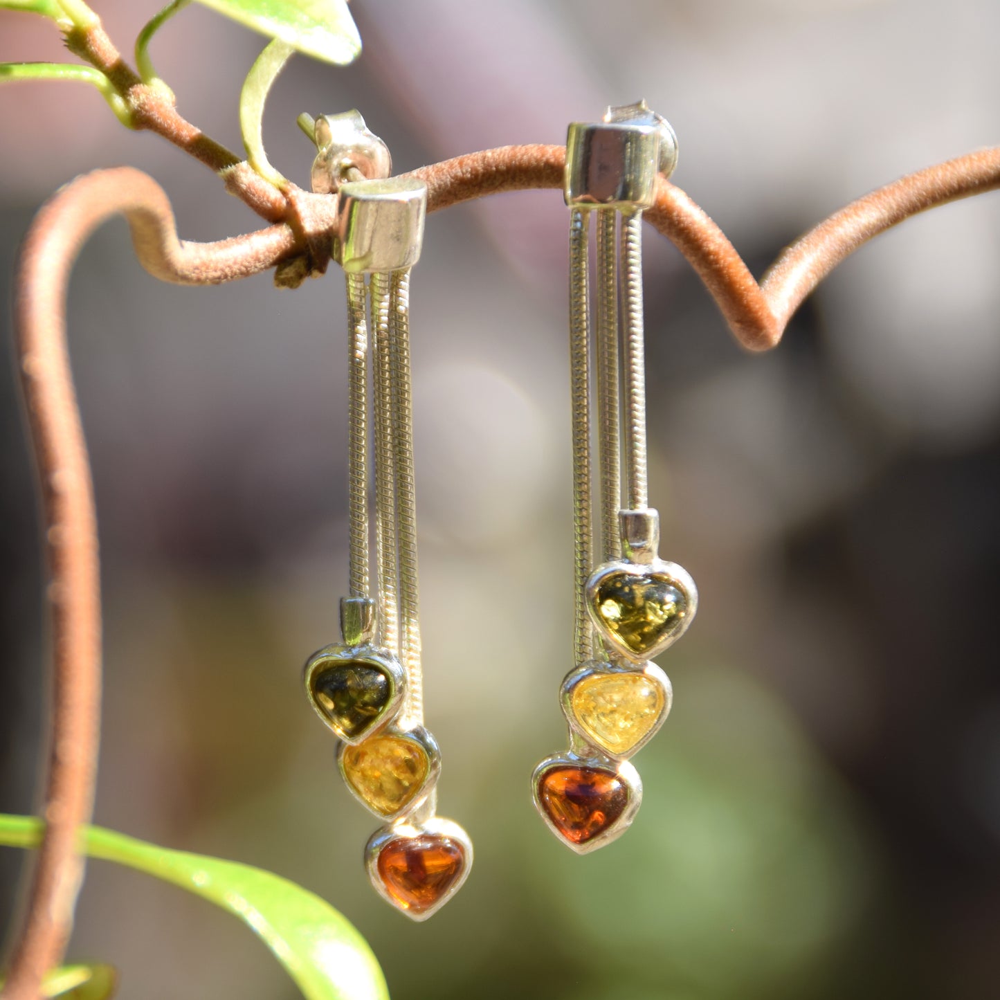 Romantic earrings with three hearts featuring natural amber in various shades and 925 Silver, MJ Baltica, BK152