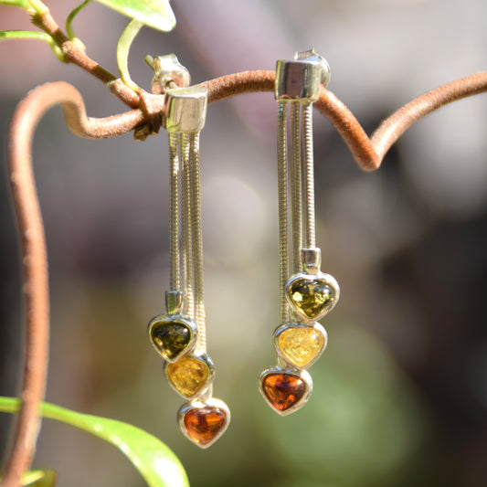 Romantic earrings with three hearts featuring natural amber in various shades and 925 Silver, MJ Baltica, BK152