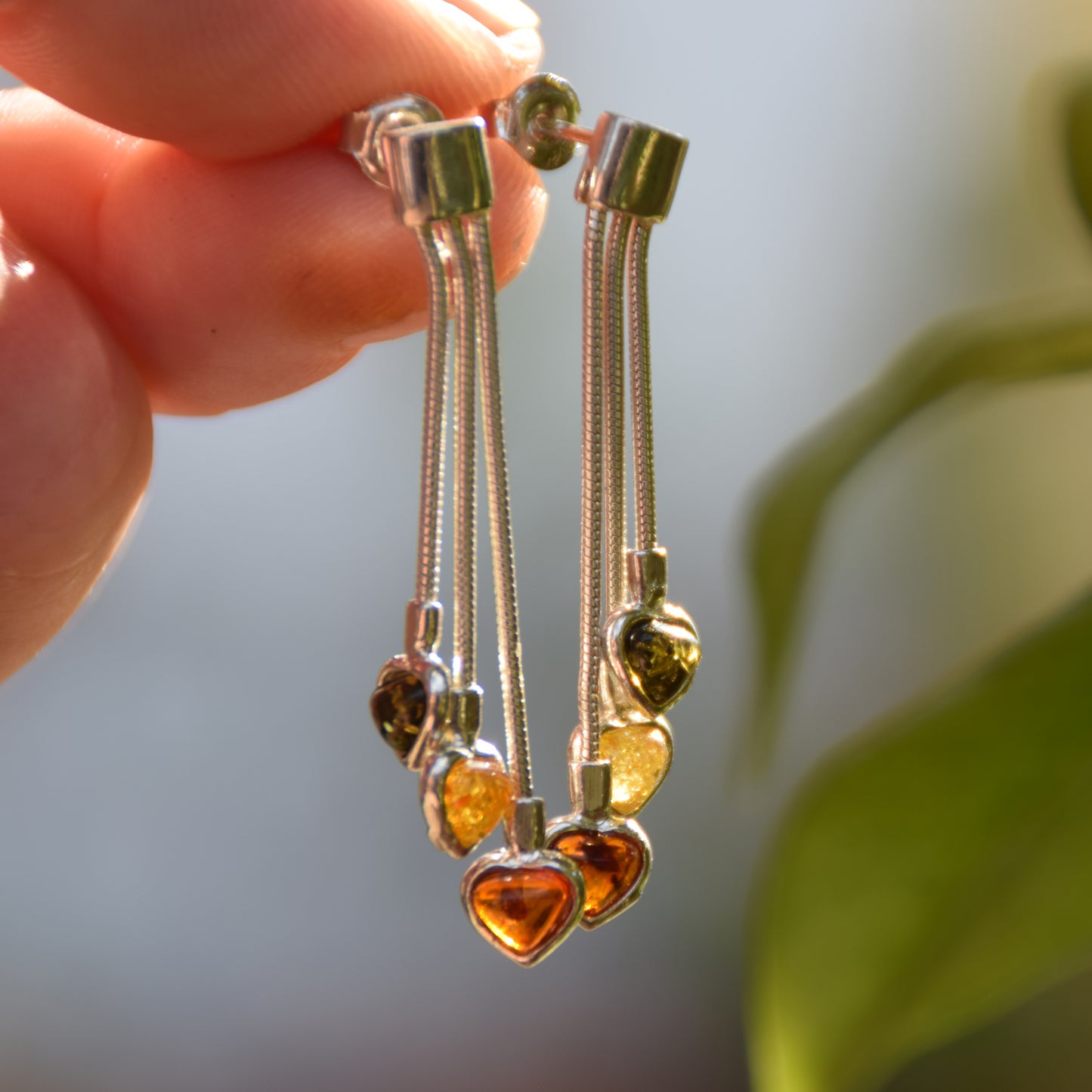 Romantic earrings with three hearts featuring natural amber in various shades and 925 Silver, MJ Baltica, BK152