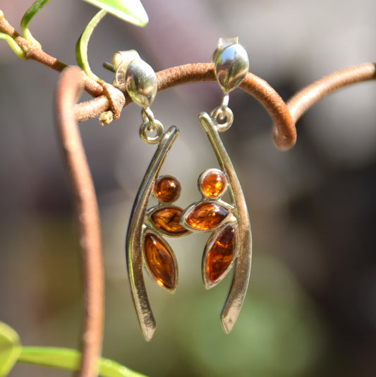 Cognac-colored natural amber and 925 sterling silver dangle earrings, MJ Baltica, BK155