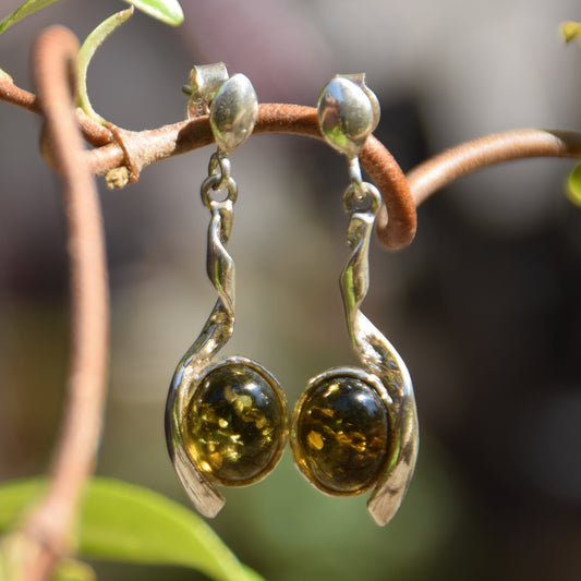 Green natural amber and 925 Sterling Silver drop earrings, MJ Baltica, BK156