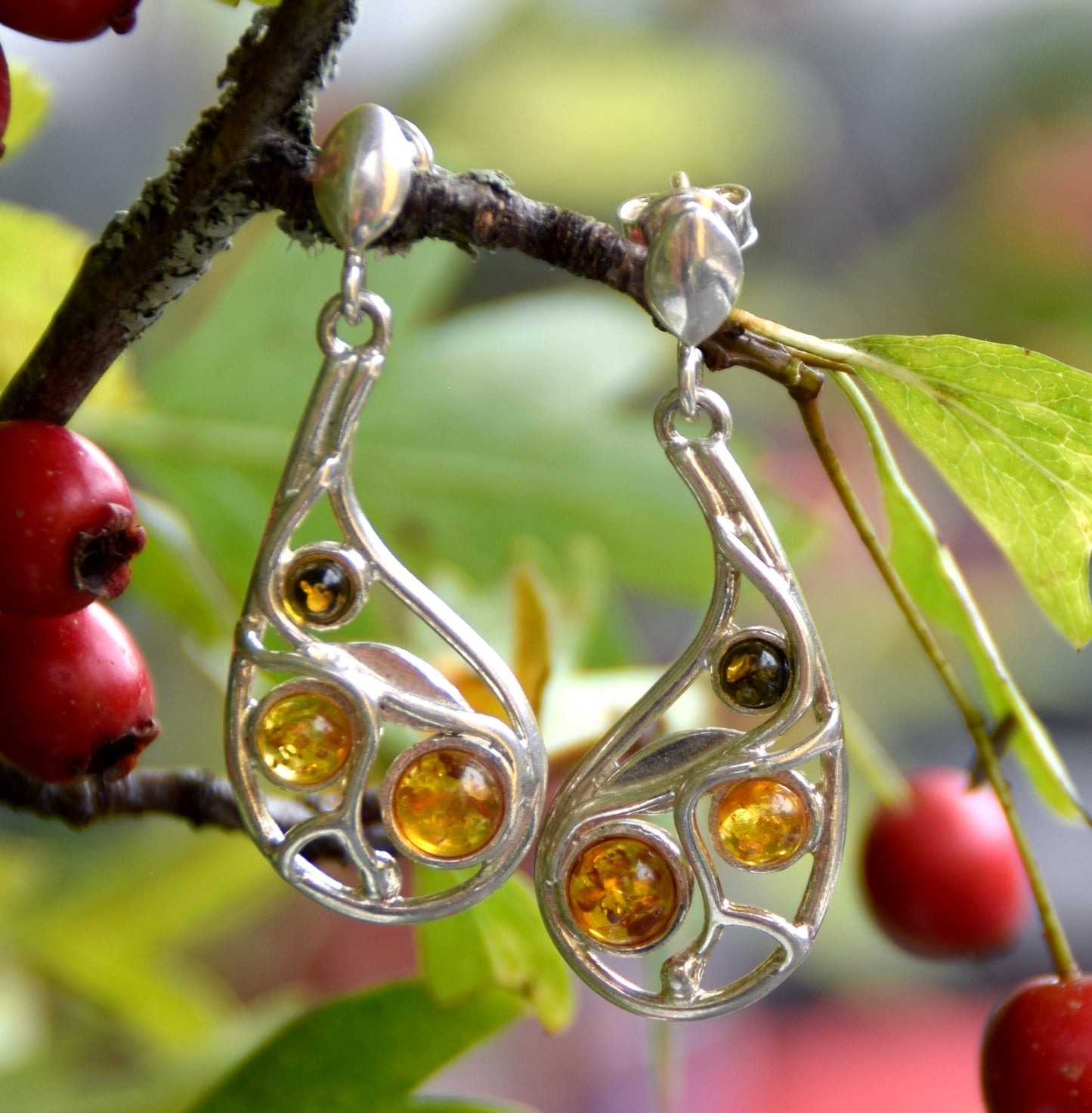 MJ Baltica, earrings, natural Baltic amber, 925 silver, feminine, flowers, mosaic, multicolored, BK157