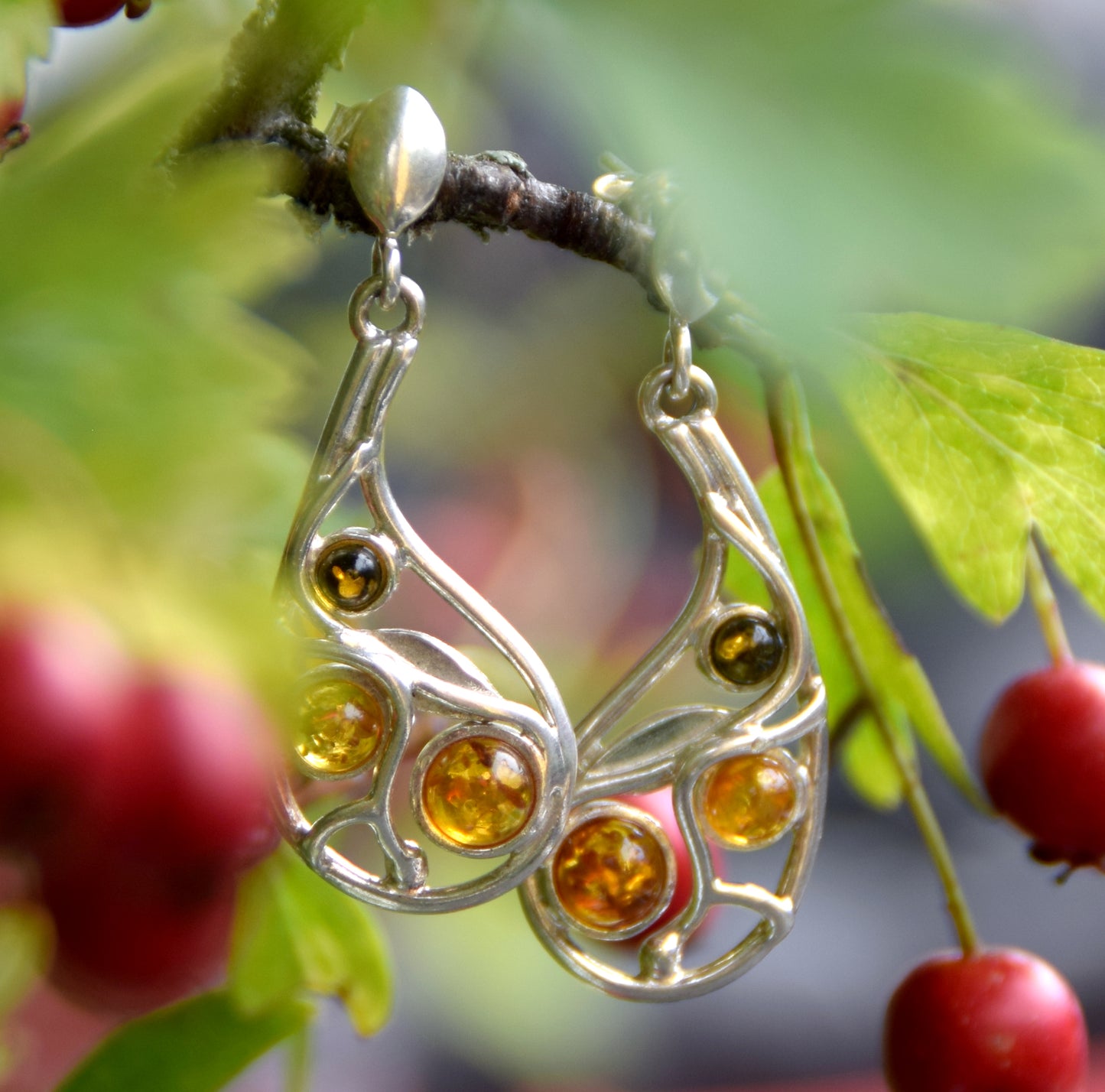 MJ Baltica, earrings, natural Baltic amber, 925 silver, feminine, flowers, mosaic, multicolored, BK157