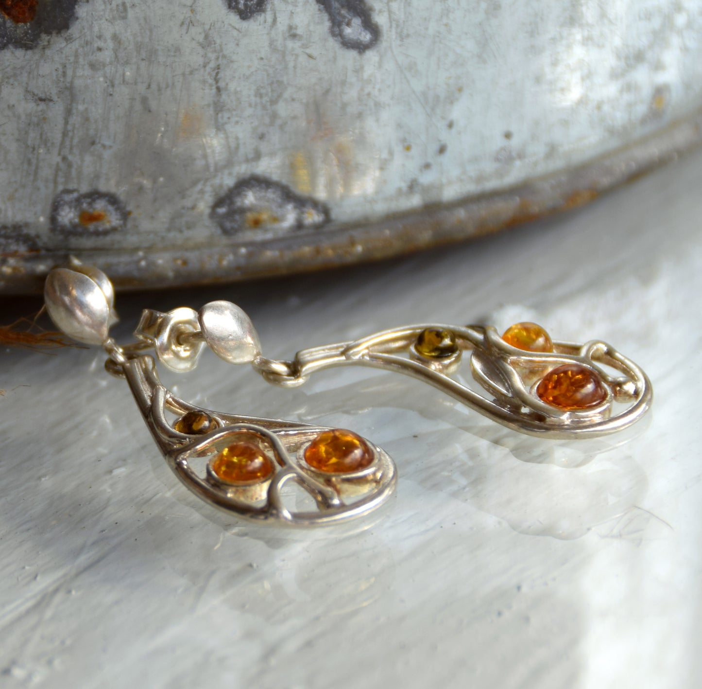 MJ Baltica, earrings, natural Baltic amber, 925 silver, feminine, flowers, mosaic, multicolored, BK157