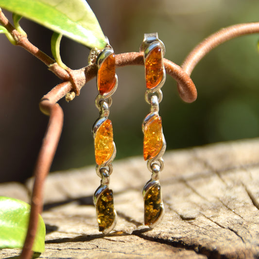 Cascade earrings made with natural Amber of various shades and 925 Silver, MJ Baltica, BK158