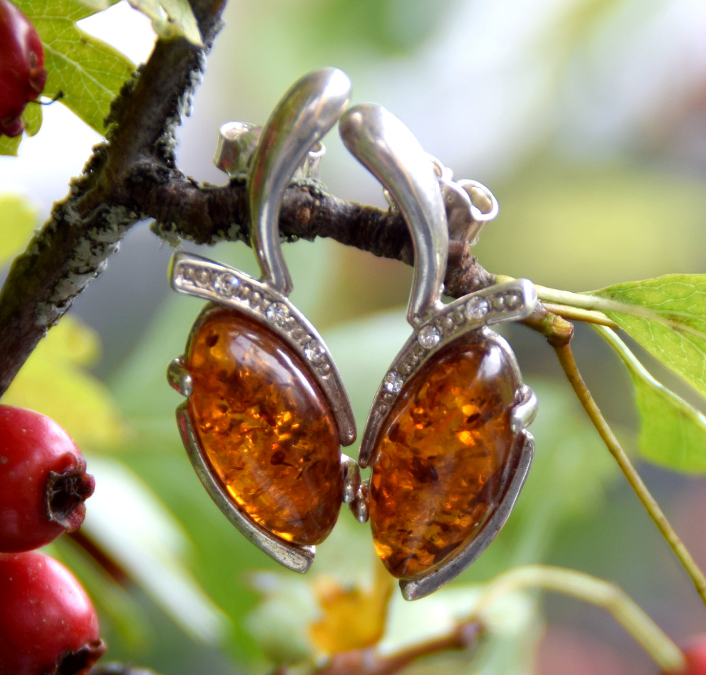 MJ Baltica, earrings, natural Baltic amber, 925 silver, delicate, elegant, feminine, cognac, zirconia, BK159