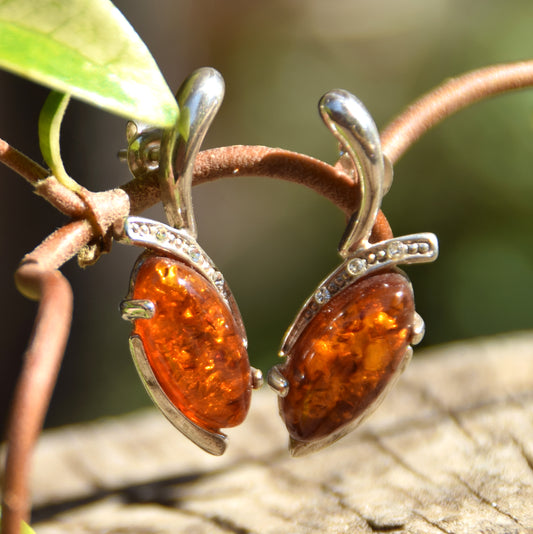Large earrings with luminous cognac-colored natural Amber and 925 Silver, MJ Baltica, BK159