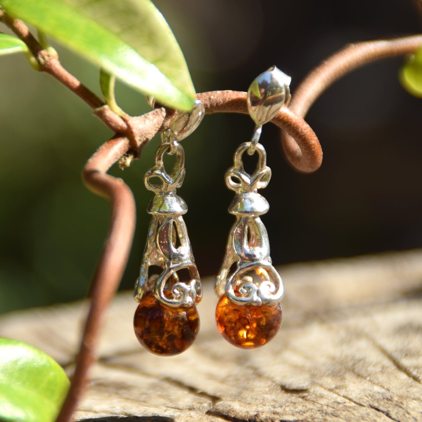 Oriental style dangle earrings with natural cognac amber and 925 Sterling Silver, MJ Baltica, BK160