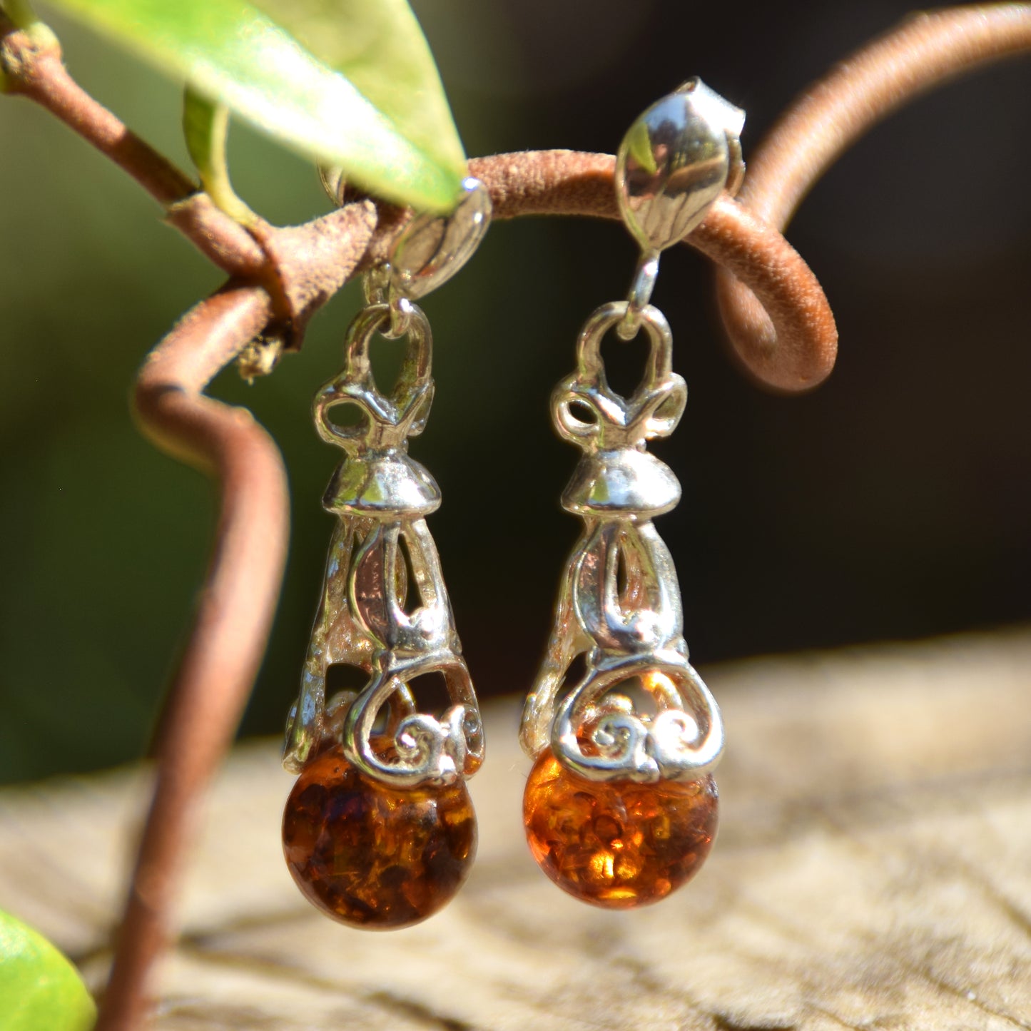 Oriental style dangle earrings with natural cognac amber and 925 Sterling Silver, MJ Baltica, BK160