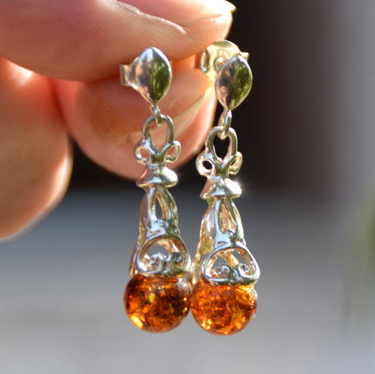 Oriental style dangle earrings with natural cognac amber and 925 Sterling Silver, MJ Baltica, BK160