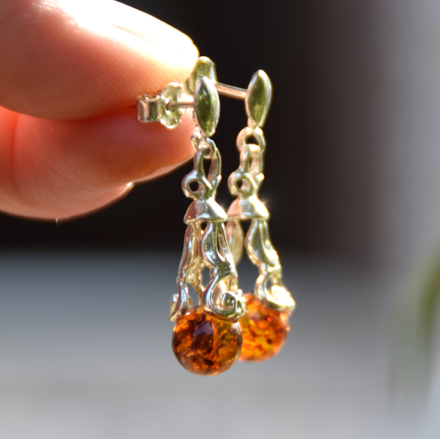 Oriental style dangle earrings with natural cognac amber and 925 Sterling Silver, MJ Baltica, BK160