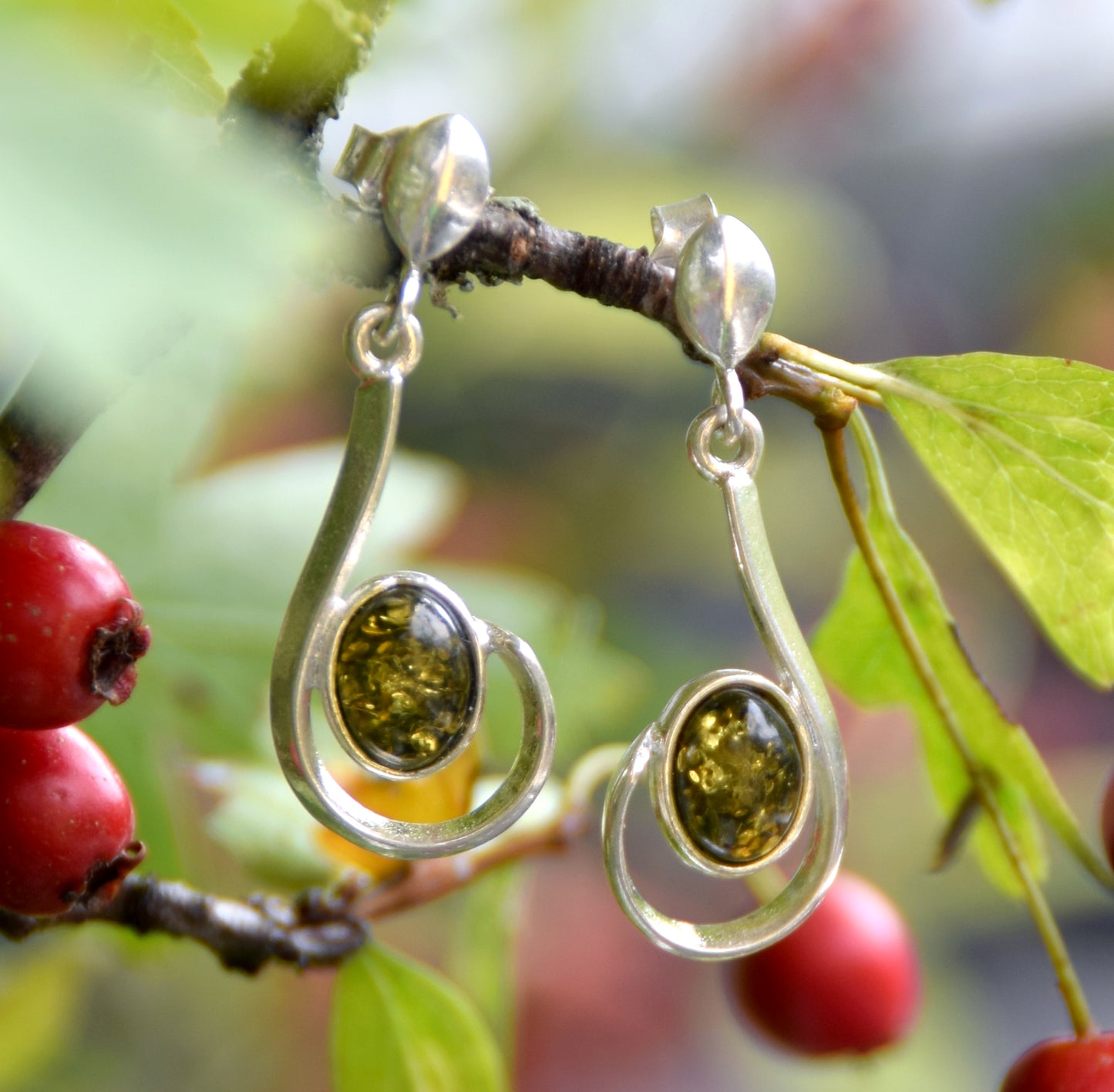 MJ Baltica, earrings, natural Baltic amber, 925 silver, feminine, elegant, unique, green amber, BK161