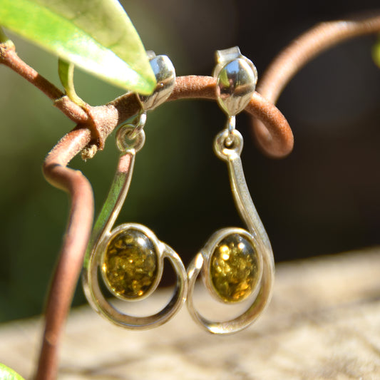 Elegant drop earrings with natural green Amber and Sterling Silver 925, MJ Baltica, BK161