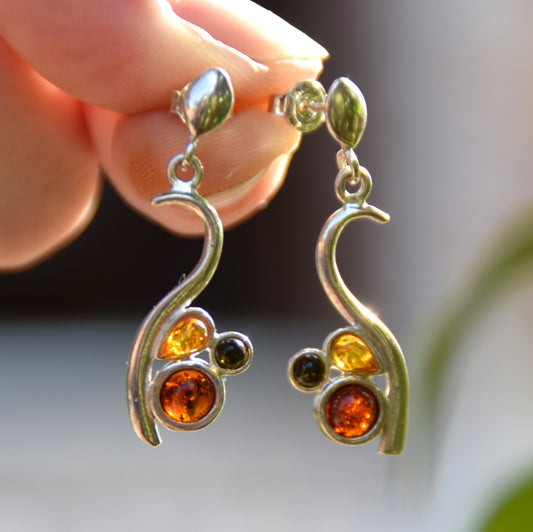 Bright earrings made with natural Amber of various shades and 925 Sterling Silver, MJ Baltica, BK162