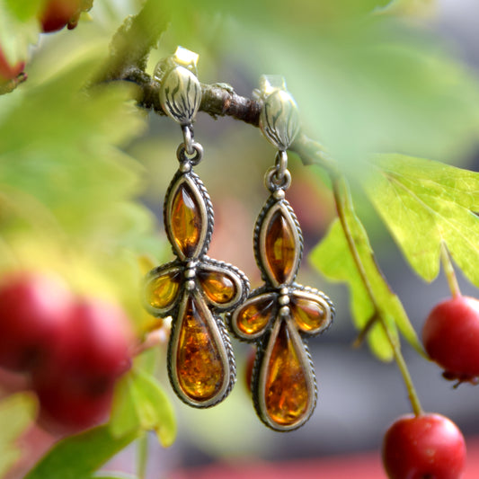 MJ Baltica, earrings, natural Baltic amber, 925 silver, vintage, elegant, feminine, cognac, BK163