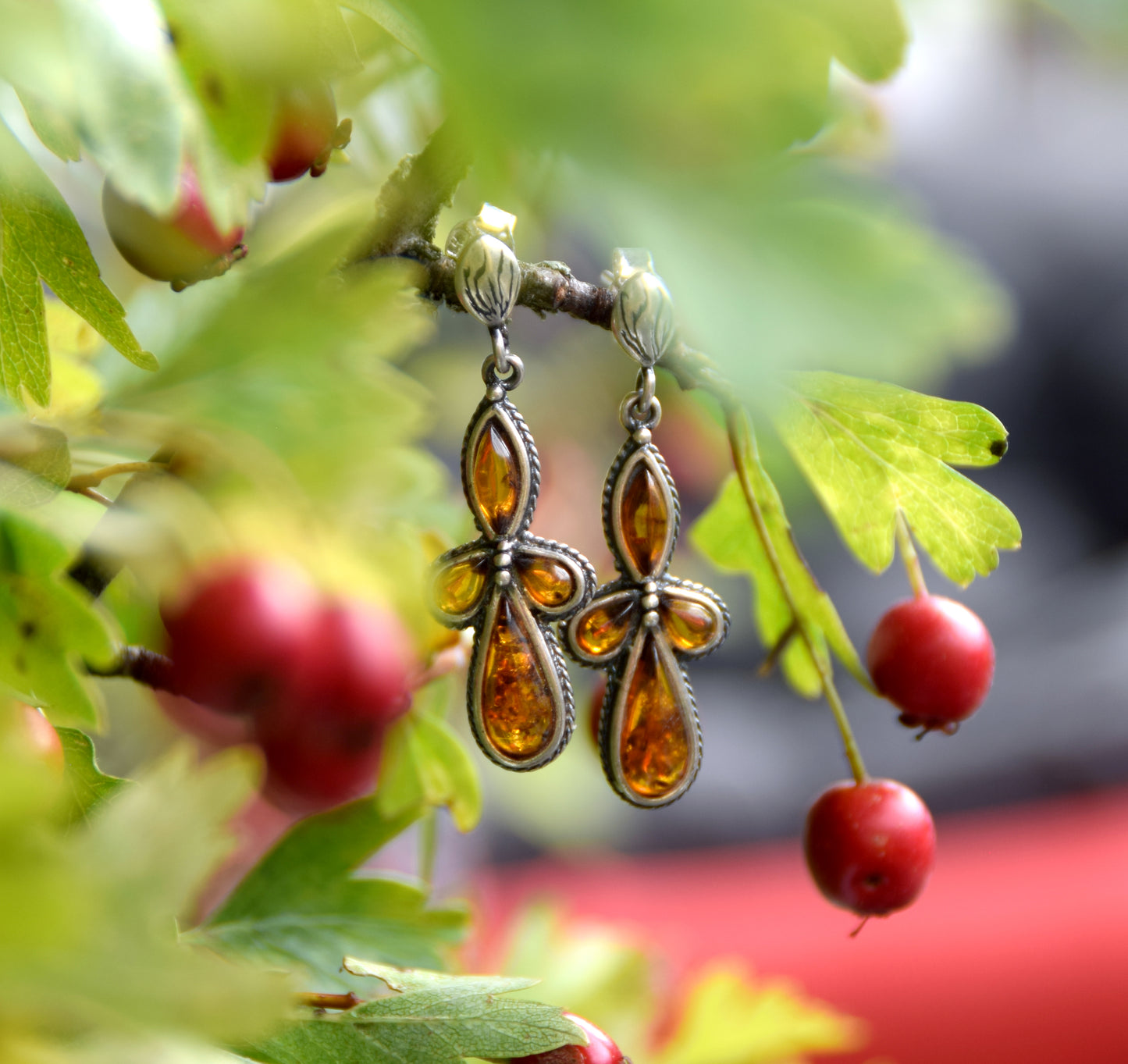 MJ Baltica, earrings, natural Baltic amber, 925 silver, vintage, elegant, feminine, cognac, BK163