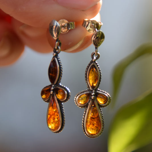 Vintage style earrings with cognac-colored natural amber and 925 Silver, MJ Baltica, BK163