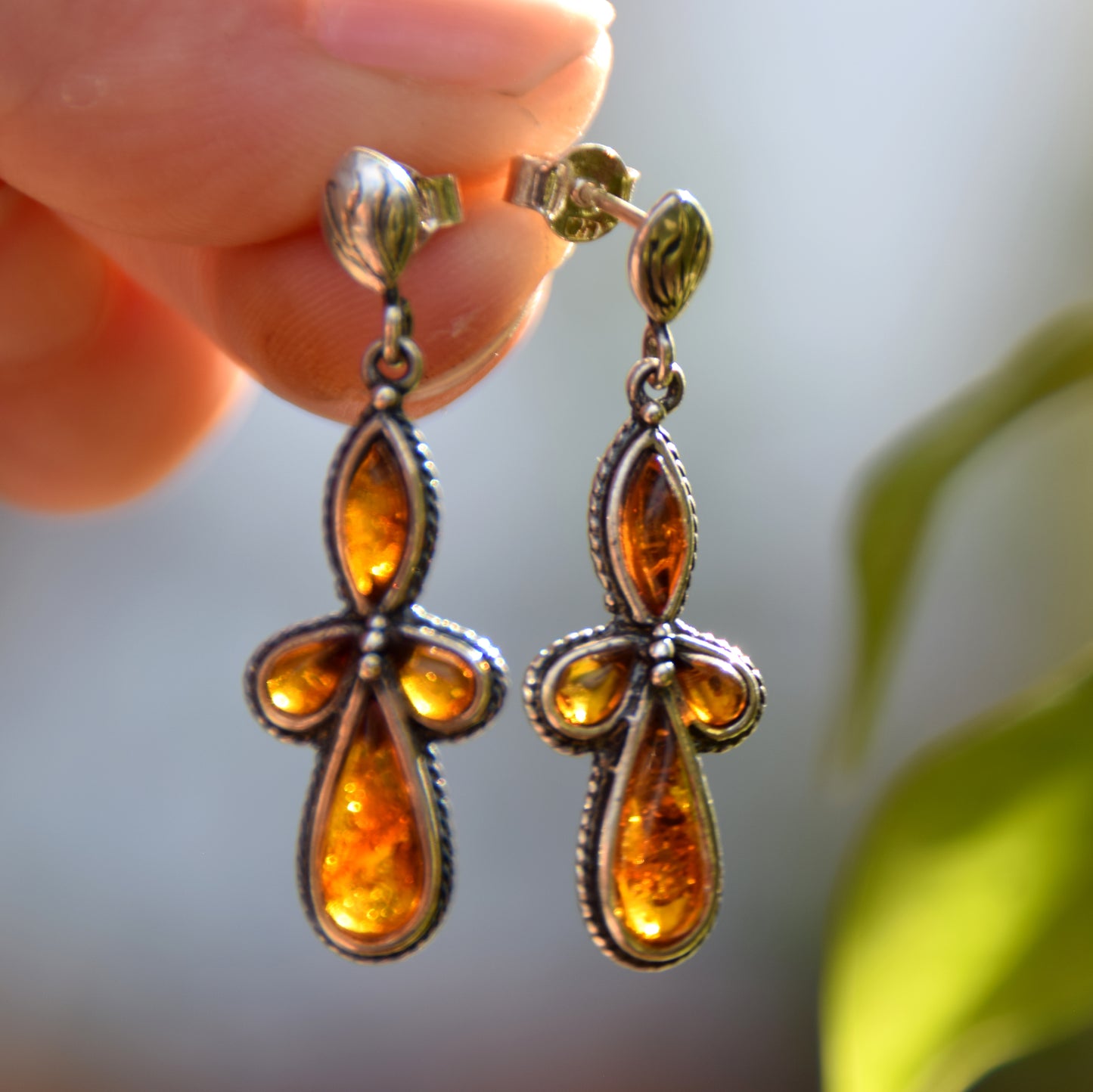 Vintage style earrings with cognac-colored natural amber and 925 Silver, MJ Baltica, BK163