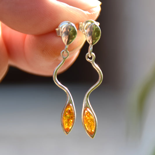 Delicate dangle earrings with natural cognac amber and 925 silver, MJ Baltica, BK164